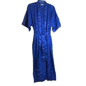 VINTAGE CONTESSA DI ROMA Long Robe Nightgown Set Size S Belt Shiny Blue 1990s
